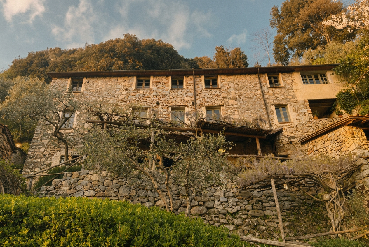 A Tuscan stone farmhouse in golden afternoon light, surrounded by olive trees and cypress